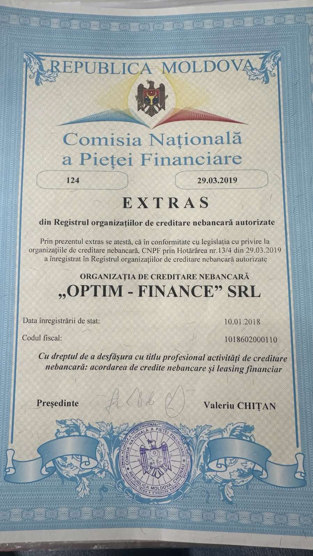 Organizaţia de Creditare Nebancară OPTIM-FINANCE Societate cu Răspundere Limitată