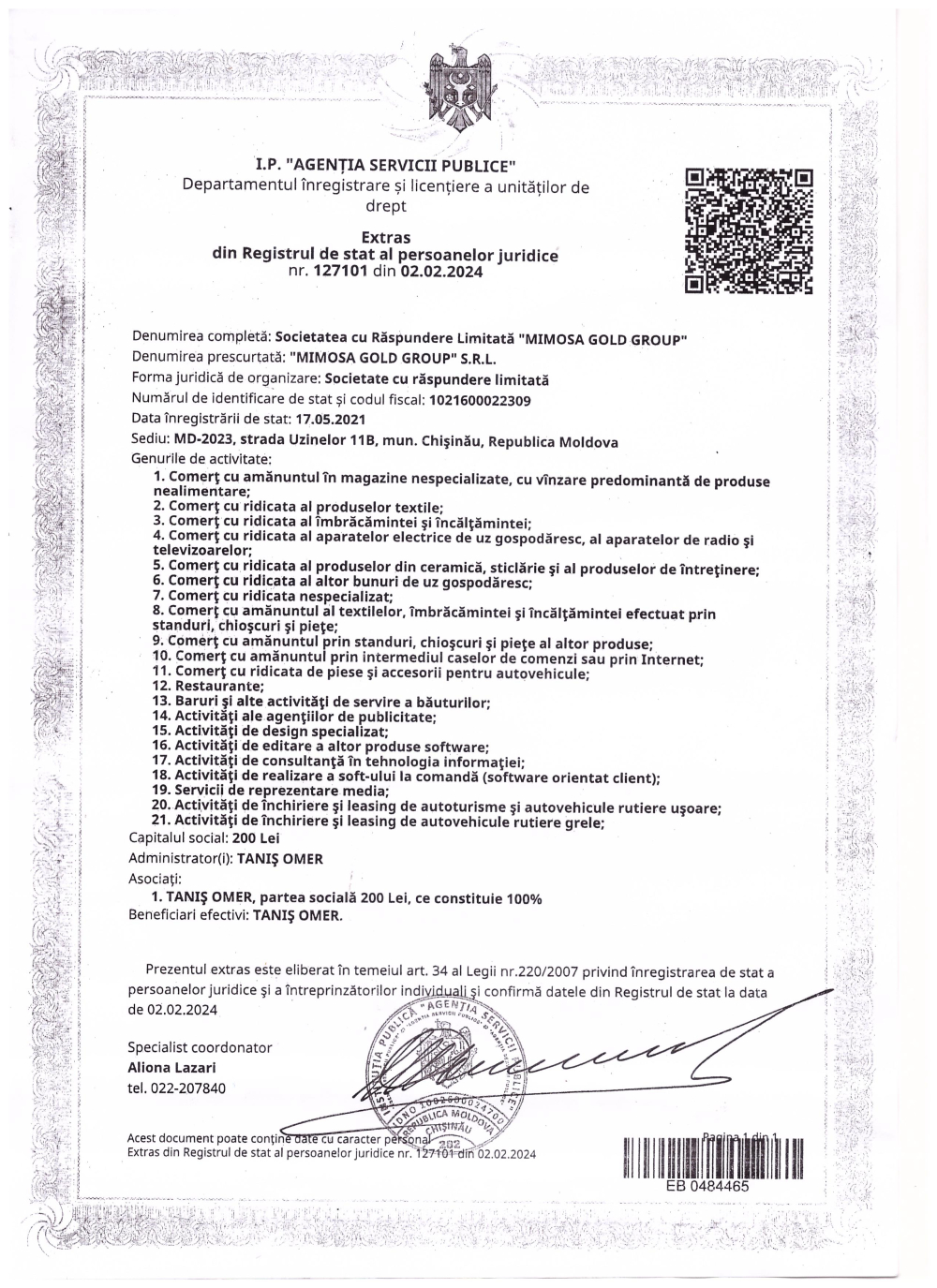  "MIMOSA GOLD GROUP" SRL